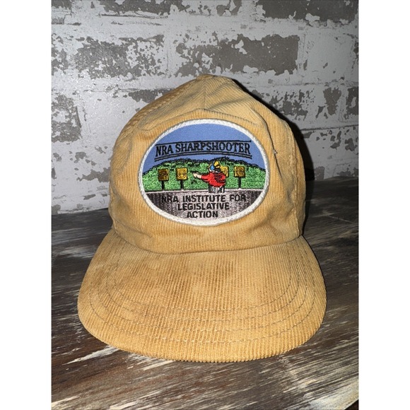 Vintage NRA SHARPSHOOTER Corduroy Patch Trucker Hat Cap‎ Snapback Brown MADE USA - Picture 1 of 6